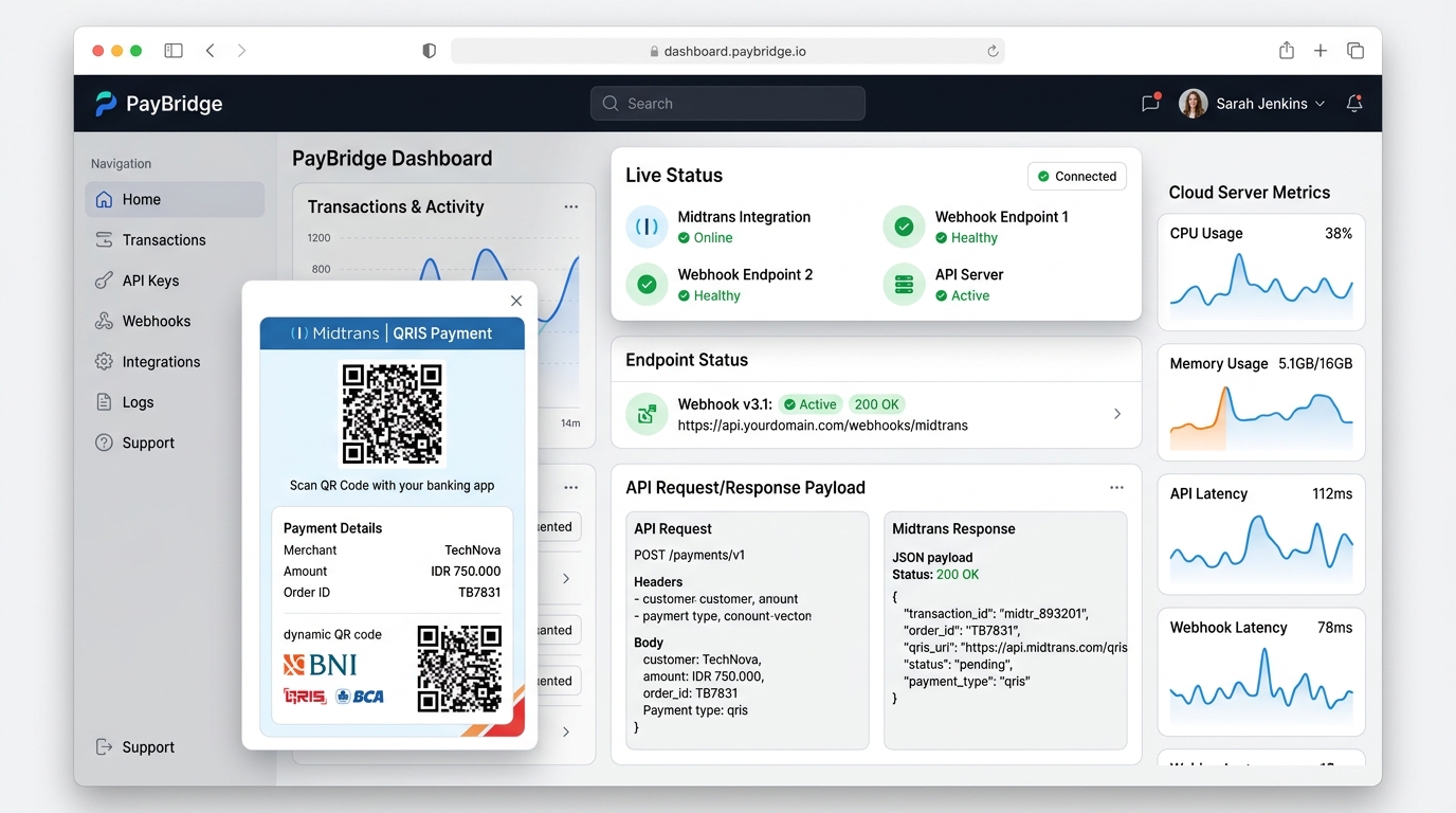 Visualisasi Payment Gateway QRIS Midtrans & Webhook Cloud